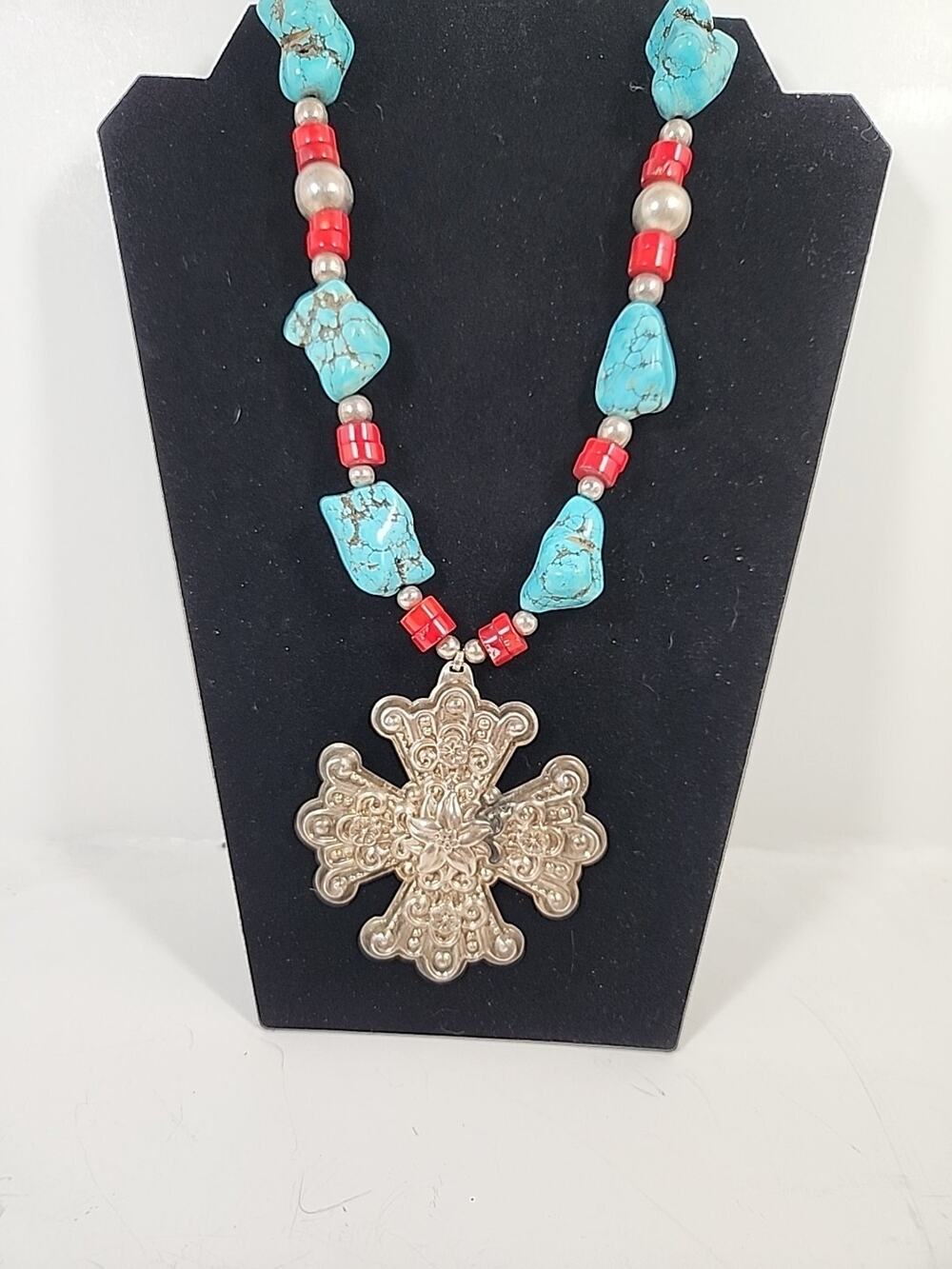 Vintage Native American Turquoise Necklace Sterling 1974 Reed Barton 925 Cross